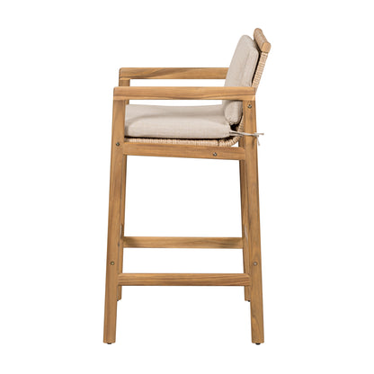 Yliraeth Wood Outdoor Barstool, Teak Finished Wood with Beige Cushion, Set of 2