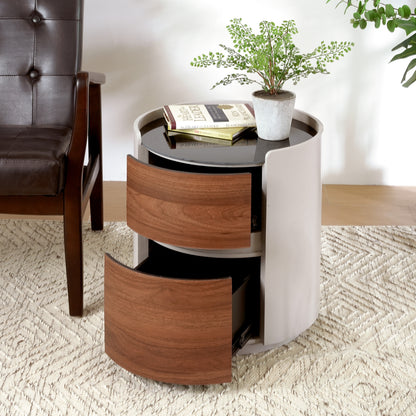 Oberan Italian Vintage Style MDF Double Storage Round Side Table, gray-brown