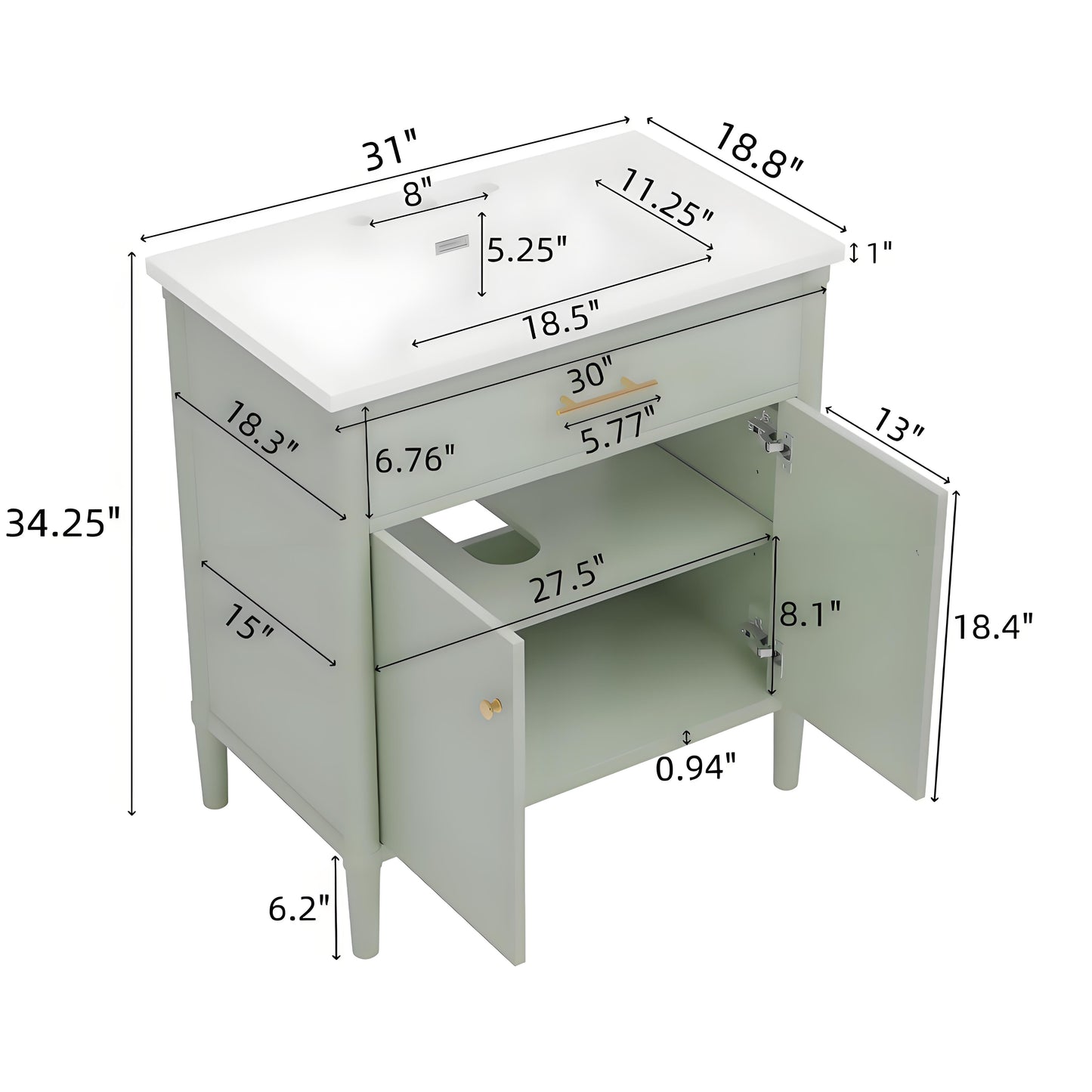 MuKi 31" Bathroom Vanity with Sink, Bathroom Cabinet with Soft Close Doors and Adjustable Shelf