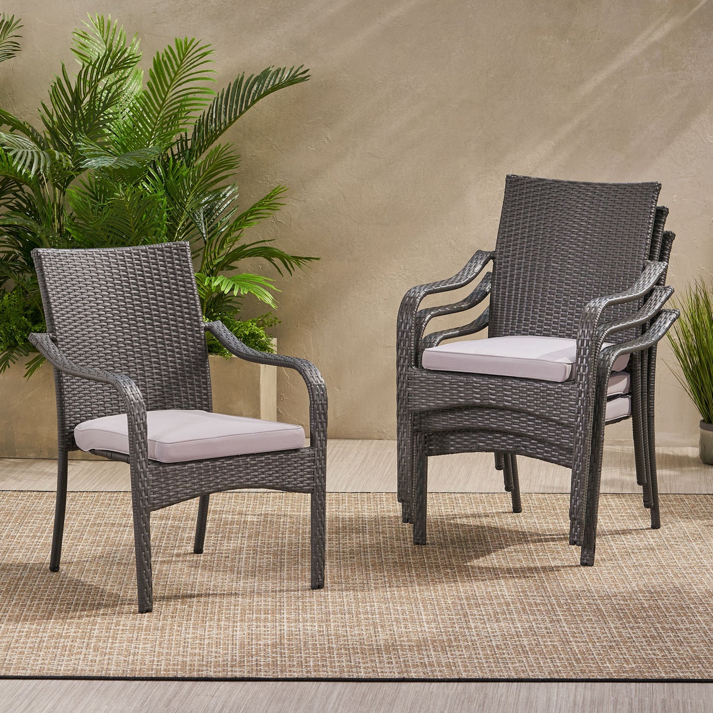 Perseer Outdoor PE Rattan Stacking Chair with Iron Frame and Cushions,Set of 4