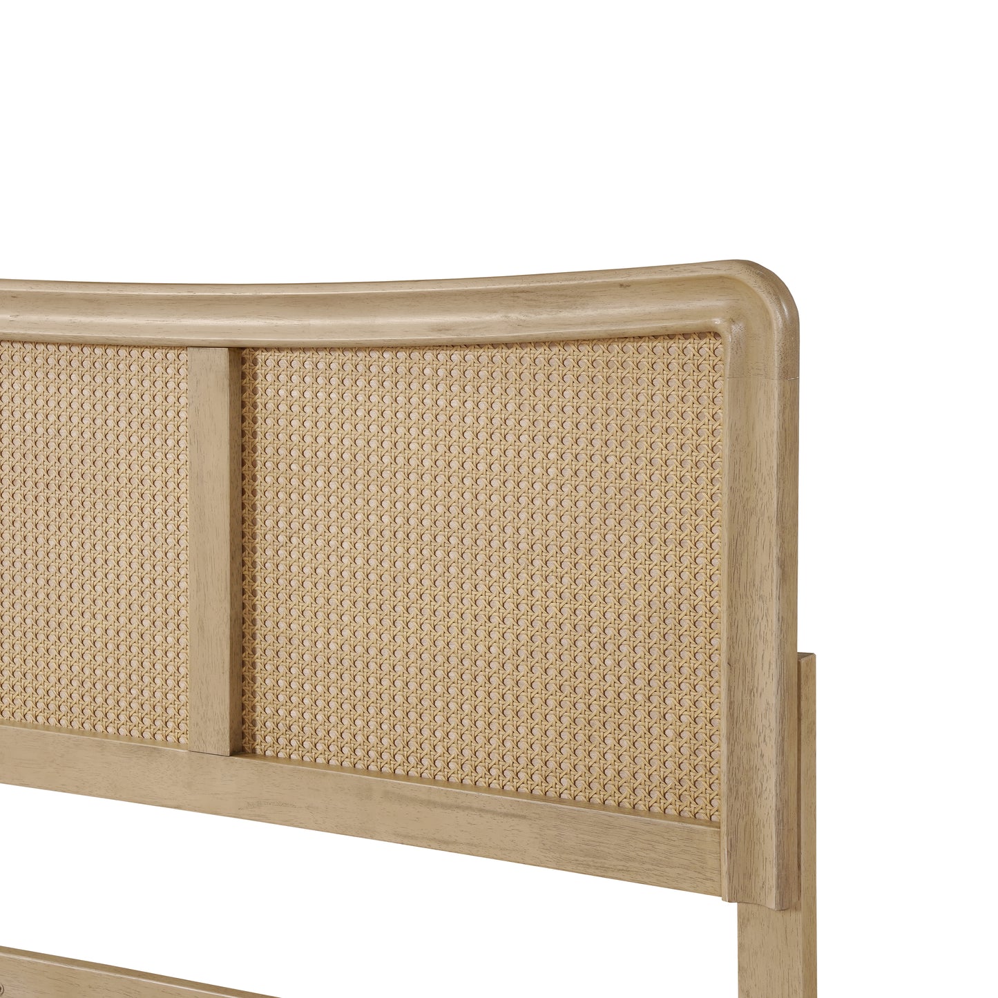 Ravosilor Curved Wooden Bed Frame with Nature Rattan Headboard&Footboard