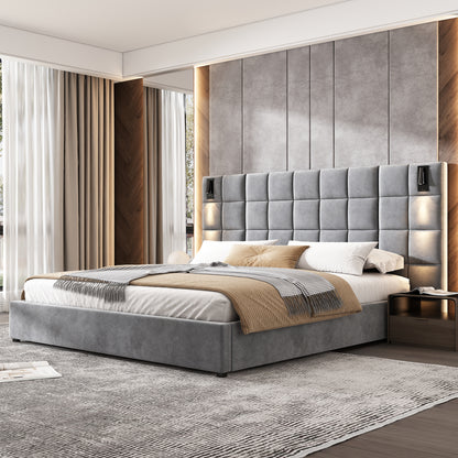 Elara Upholstered bed,with reading lamp and USB port, wide headboard,without bedside tables and mattress