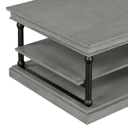 55.1" Wood Coffee Table with Black Legs, 2 Open Storage Shelves, Modern Living Room Table