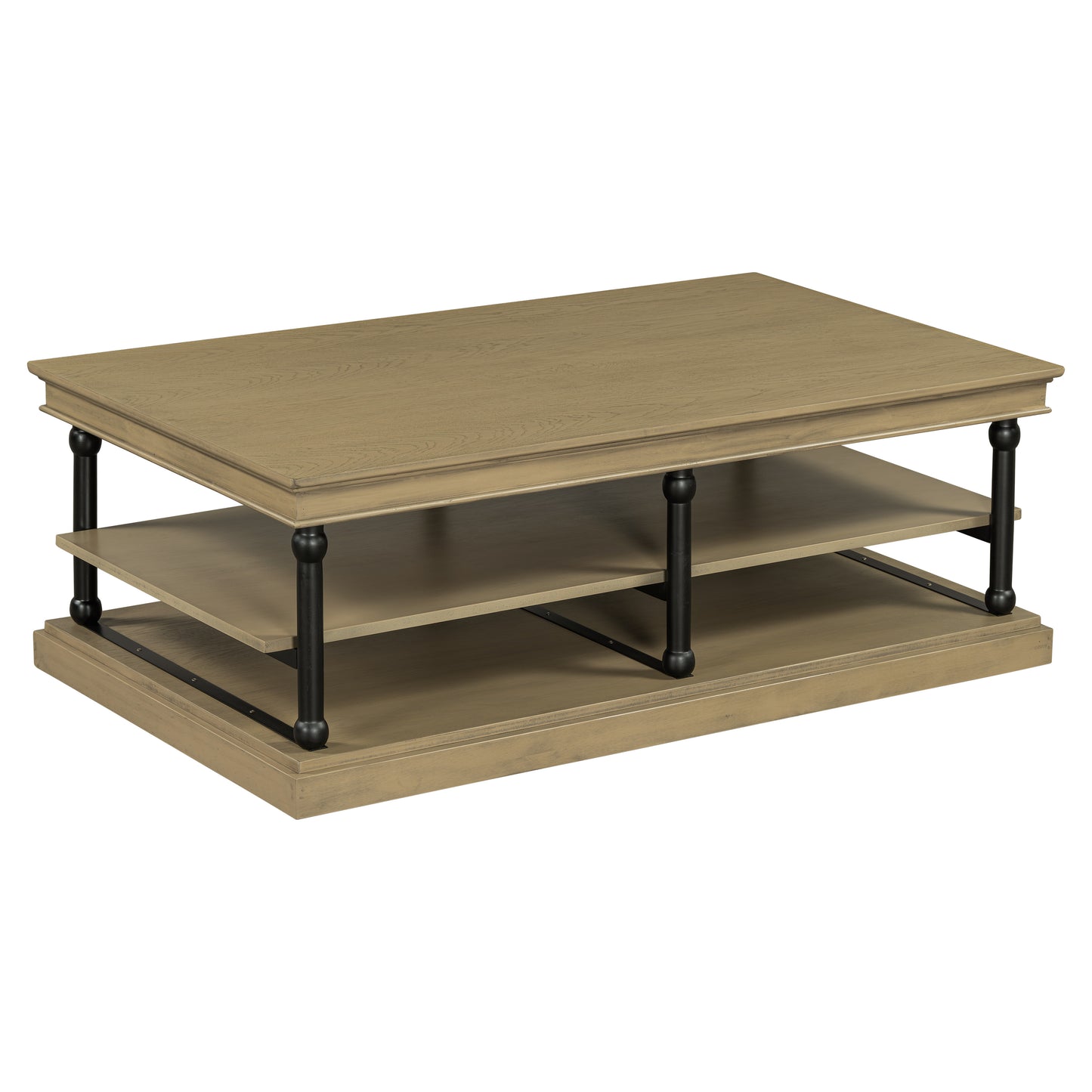 55.1" Wood Coffee Table with Black Legs, 2 Open Storage Shelves, Modern Living Room Table