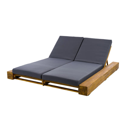Junipar Outdoor Double Chaise Lounge, Acacia Wood, 4 Position Adjustable Back, 800lbs Capacity