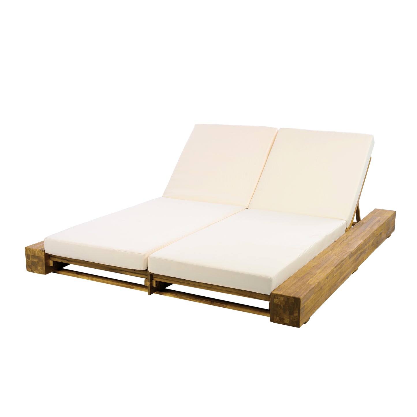 Junipar Outdoor Double Chaise Lounge, Acacia Wood, 4 Position Adjustable Back, 800lbs Capacity