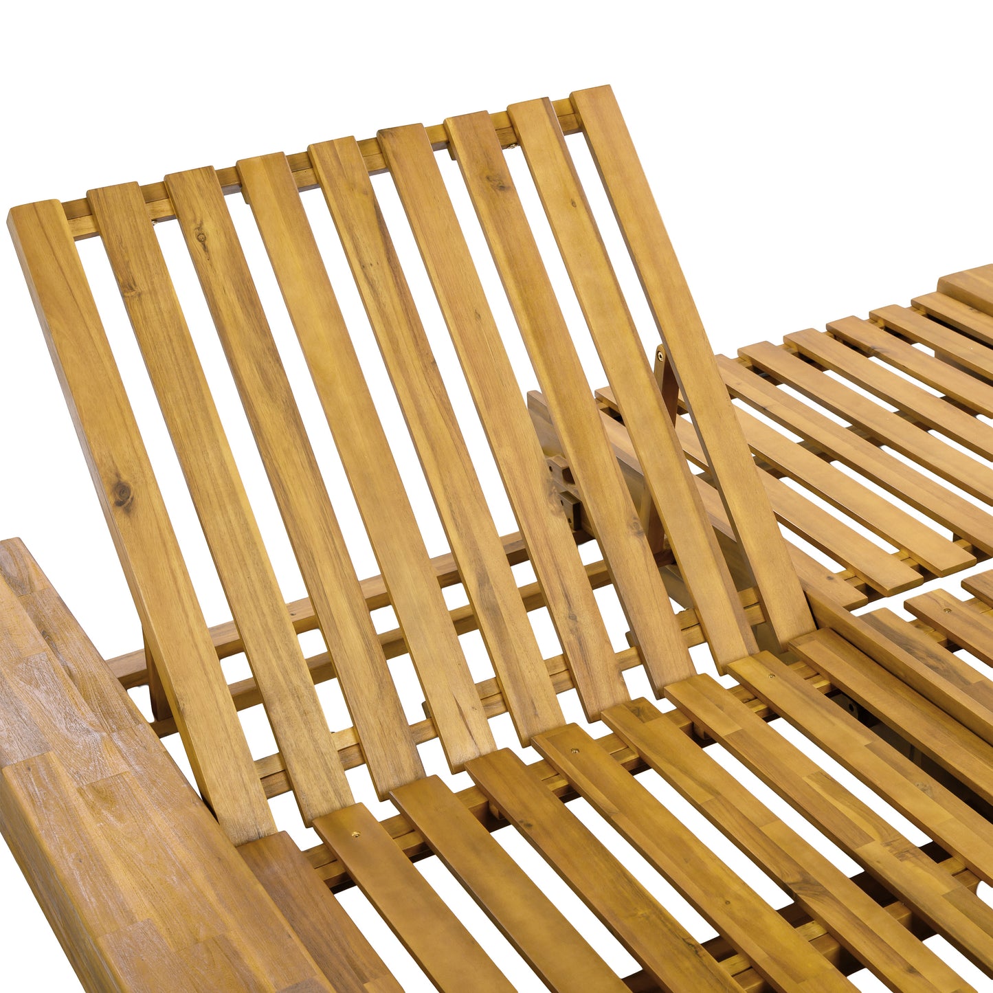 Junipar Outdoor Double Chaise Lounge, Acacia Wood, 4 Position Adjustable Back, 800lbs Capacity