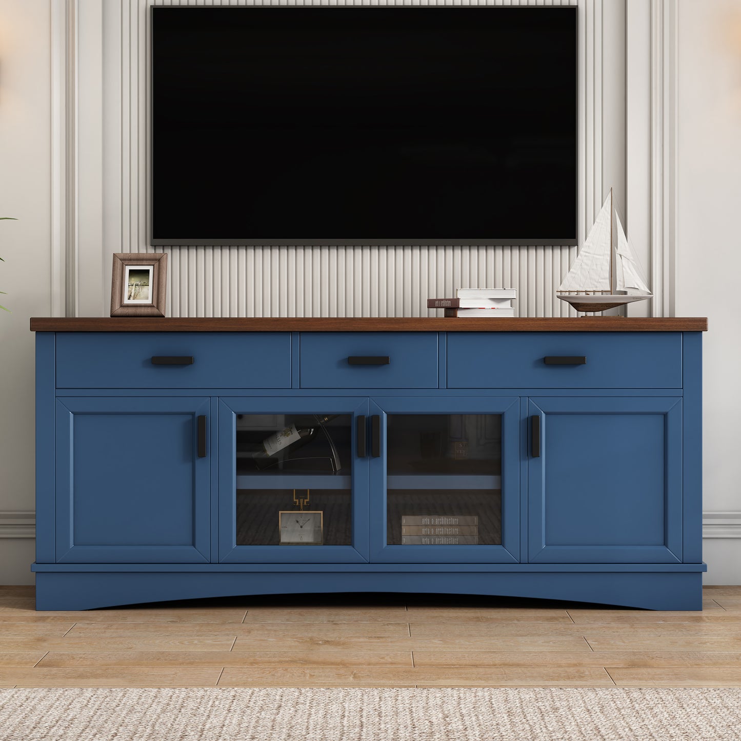 Solther Modern TV Console, 67" Width TV Stand, Glass Doors & Storage Drawers