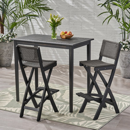 Elizabeth Outdoor 45" Rectangular 3 Piece Wood and Wicker Bar Height Set