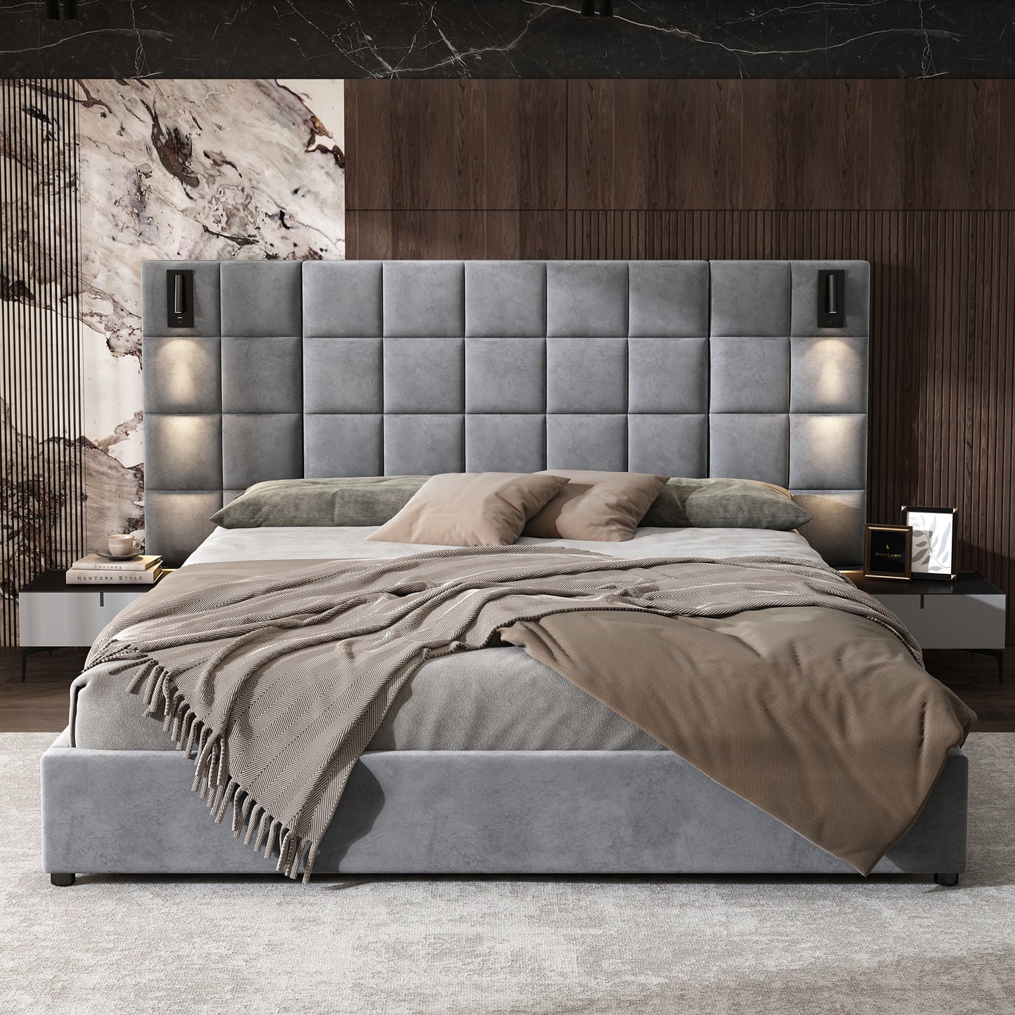 Elara Upholstered bed,with reading lamp and USB port, wide headboard,without bedside tables and mattress