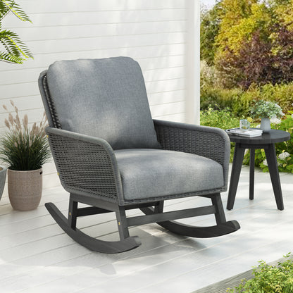 Elarcanium Contemporary Minimalist Gray Wicker Rocking Chair with Polyester Cushions