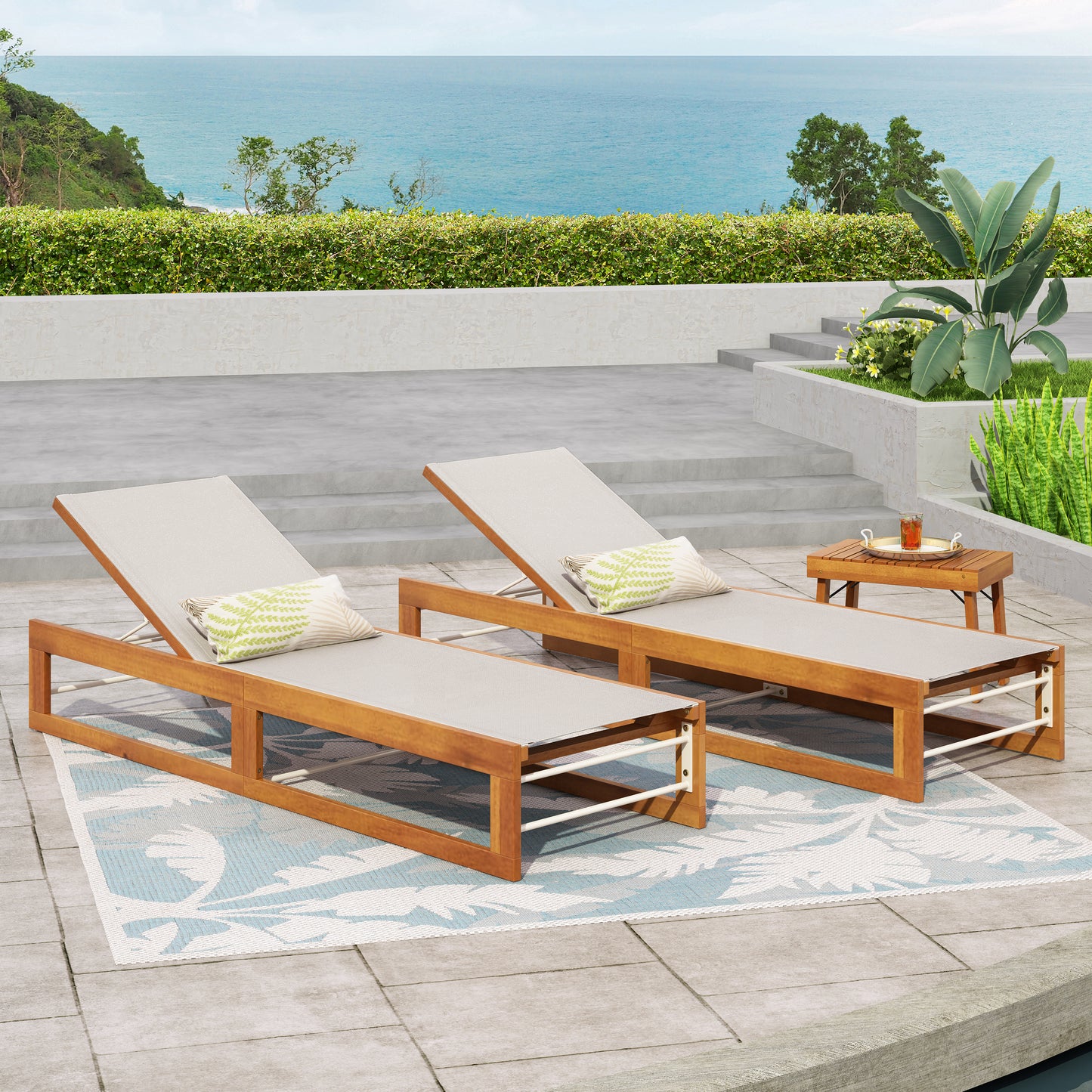 Leavitt Outdoor Mesh and Wood Adjustable Chaise Lounges, Set of 2