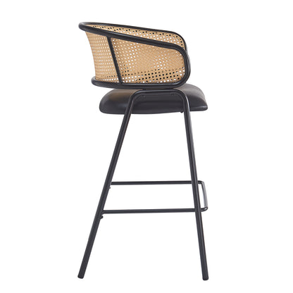 Eathan Indoor Metal PU Leather Barstool, Wowen Rattan Backrest, Set of 2