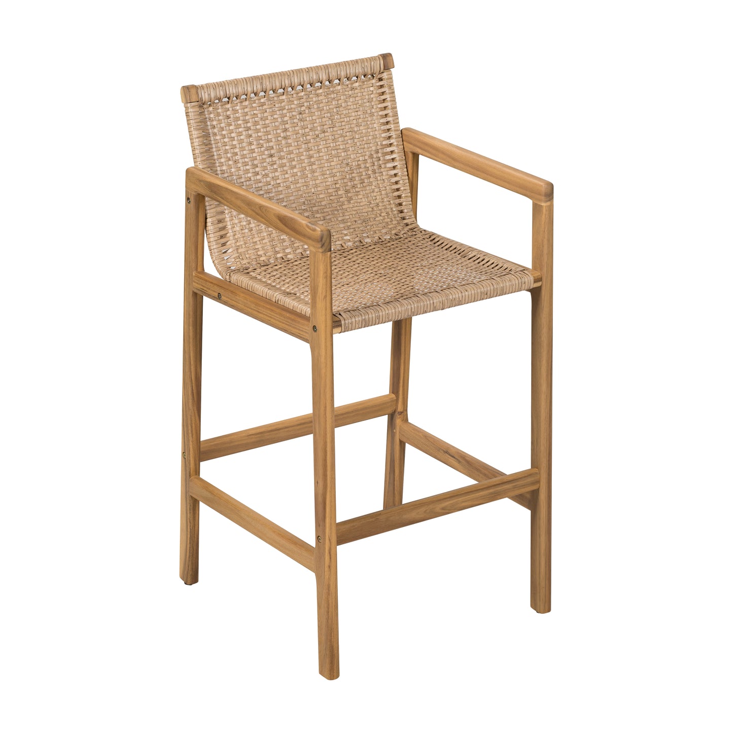 Yliraeth Wood Outdoor Barstool, Teak Finished Wood with Beige Cushion, Set of 2