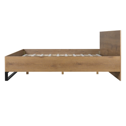 Ketura Two-Tone Aesthetic Engineered Wood Bed Frame in Natural Wood Grain and Matte Black Metal Leg