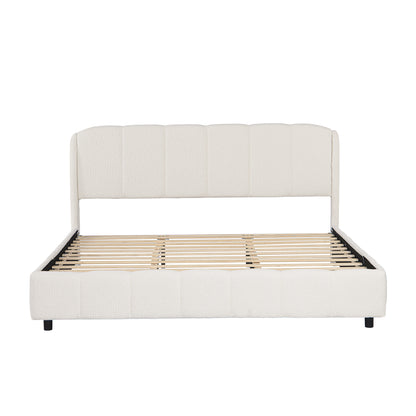 Florian Platform Bed, Soft Boucle Fabric Upholstered Platform bed with Curve-Shaped Design Headboard