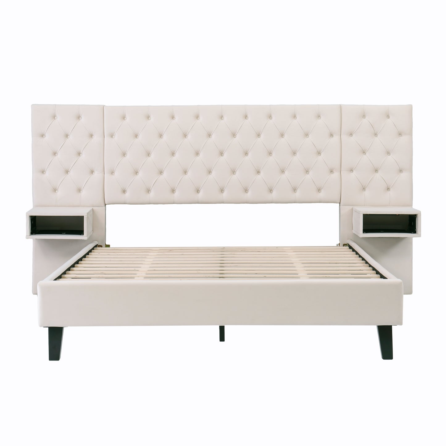 Meridia Platform Bed with Headboard, Modern Velvet Upholstered Platform Bed with 2 Nightstands, with diamond tufted