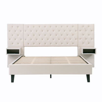 Meridia Platform Bed with Headboard, Modern Velvet Upholstered Platform Bed with 2 Nightstands, with diamond tufted