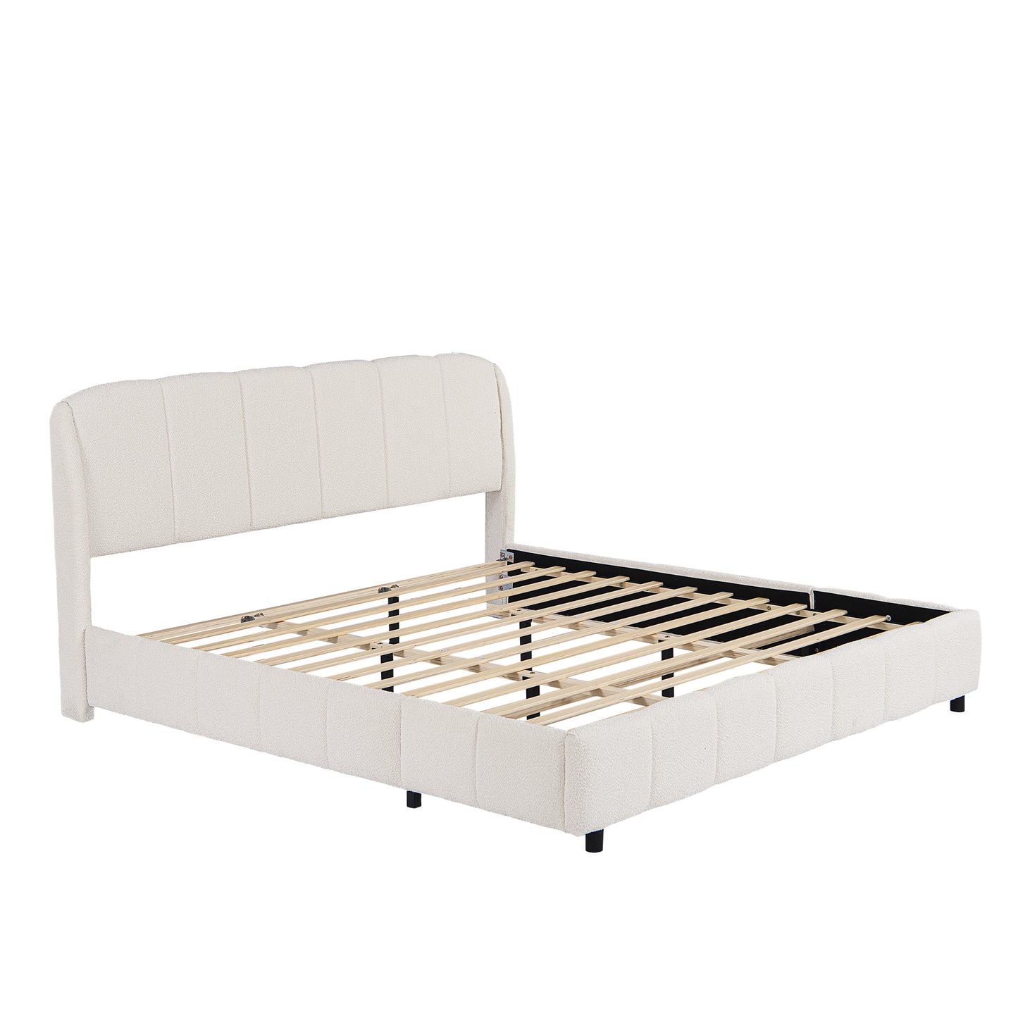 Florian Platform Bed, Soft Boucle Fabric Upholstered Platform bed with Curve-Shaped Design Headboard