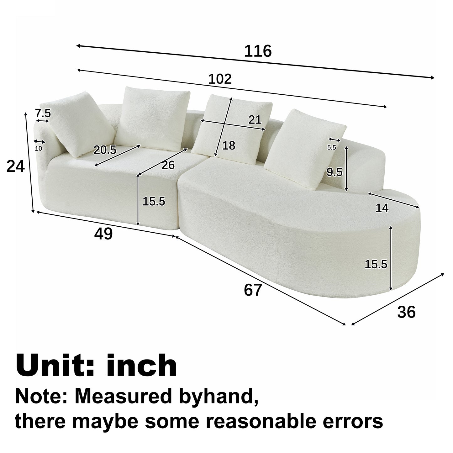Orellar 116" Modern Curved Sectional Sofa with High-Density Fully Compressed Sponge and Chaise Lounge, Pearl Upholstery