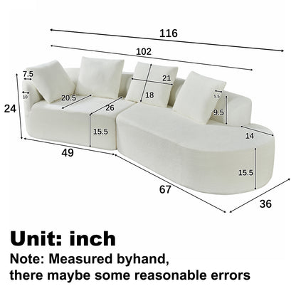 Orellar 116" Modern Curved Sectional Sofa with High-Density Fully Compressed Sponge and Chaise Lounge, Pearl Upholstery