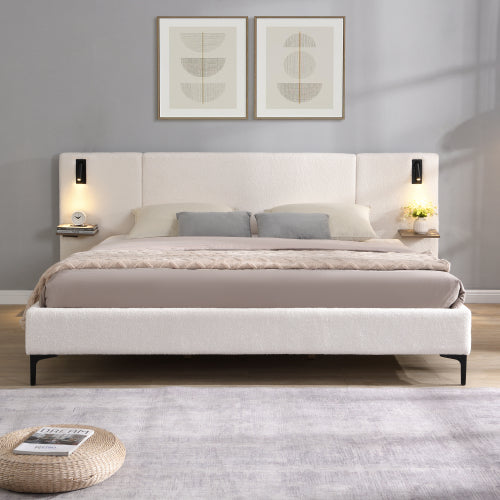 Callion Boucle Upholstered Bed with Integrated Lights and Shelves