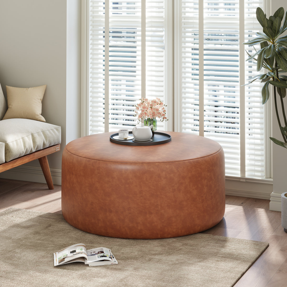 Placidity GAVI PU Leather Ottoman Foot Stool, 30" Pouf Footstool Ottoman Seat, Upholstered Foot Chair, Round Footrest, Modern Side Table for Living Room Bedroom Home Decor, Cognac Brown