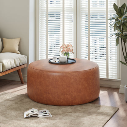 Placidity GAVI PU Leather Ottoman Foot Stool, 30" Pouf Footstool Ottoman Seat, Upholstered Foot Chair, Round Footrest, Modern Side Table for Living Room Bedroom Home Decor, Cognac Brown