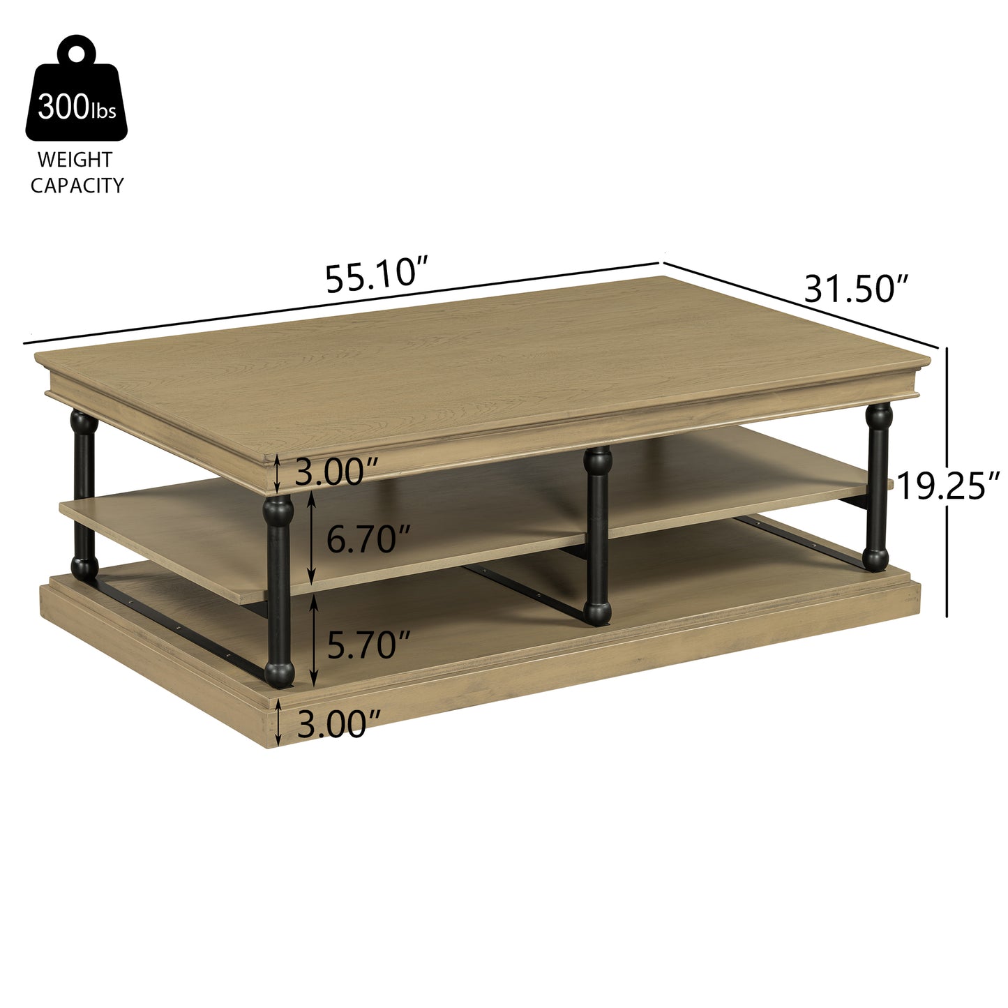 55.1" Wood Coffee Table with Black Legs, 2 Open Storage Shelves, Modern Living Room Table