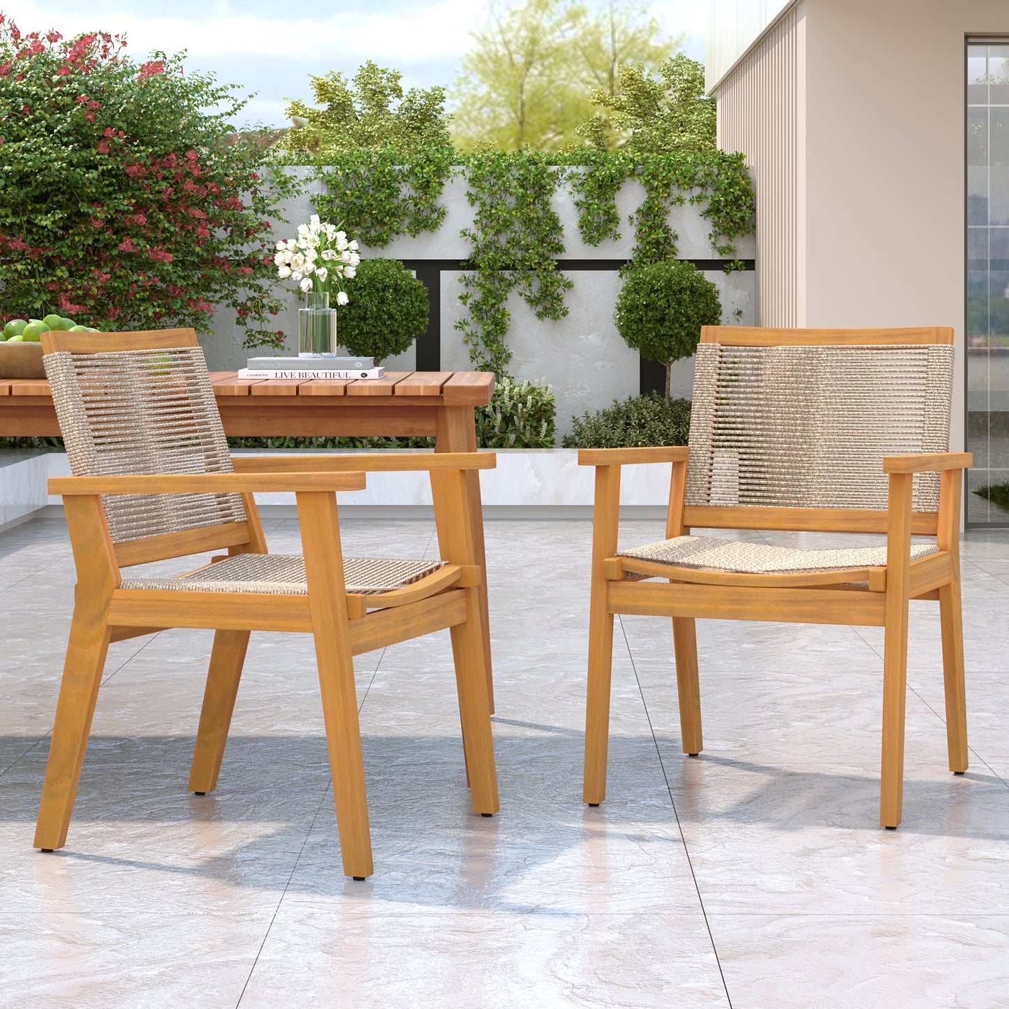 Aelfric Outdoor Dining Chairs Set of 2, Teak Finish Wood Frame and Mix Brown Rope, Natural Courtyard Style, 400lbs Capacity