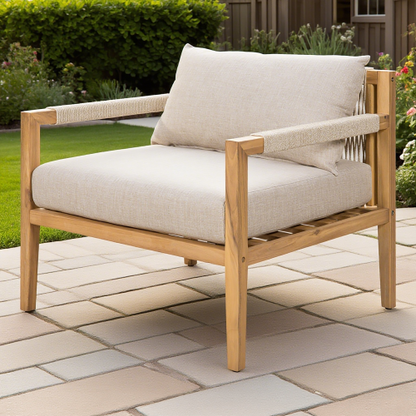 ‌PinDrift‌ Acacia Wood & Beige Rope Outdoor Leisure Chair for Any Patio
