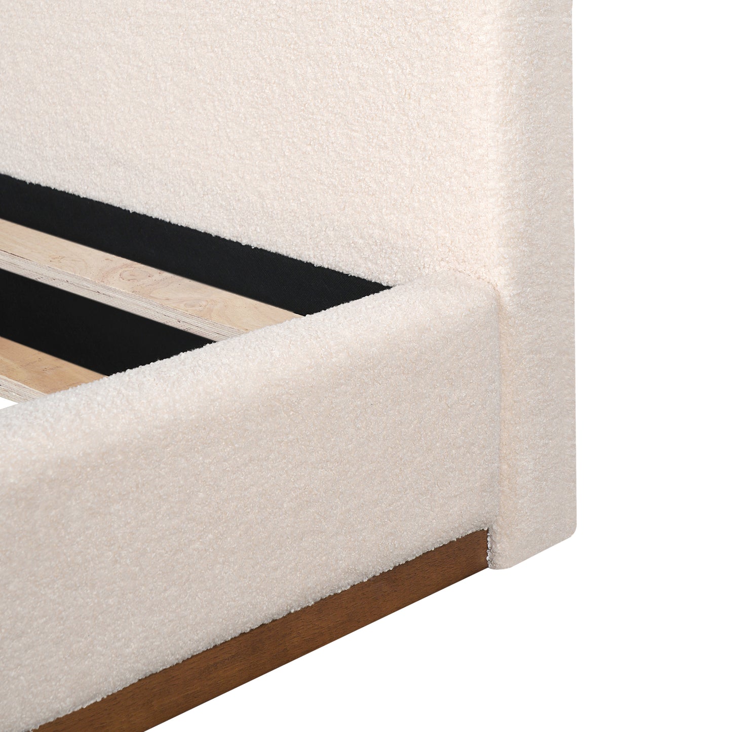 Tulae Elegant White Fabric Upholstered Bed, Wood Grain Textured,Solid Wood Base Frame