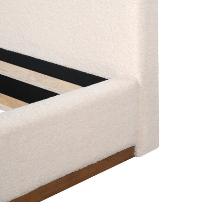 Tulae Elegant White Fabric Upholstered Bed, Wood Grain Textured,Solid Wood Base Frame