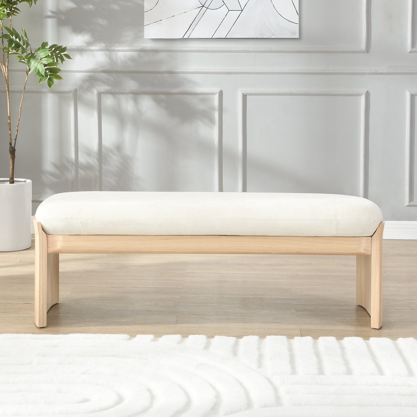 Nirithora 51.5 Inch Beige Rubber Wood Footstool For Bedroom and Living Room