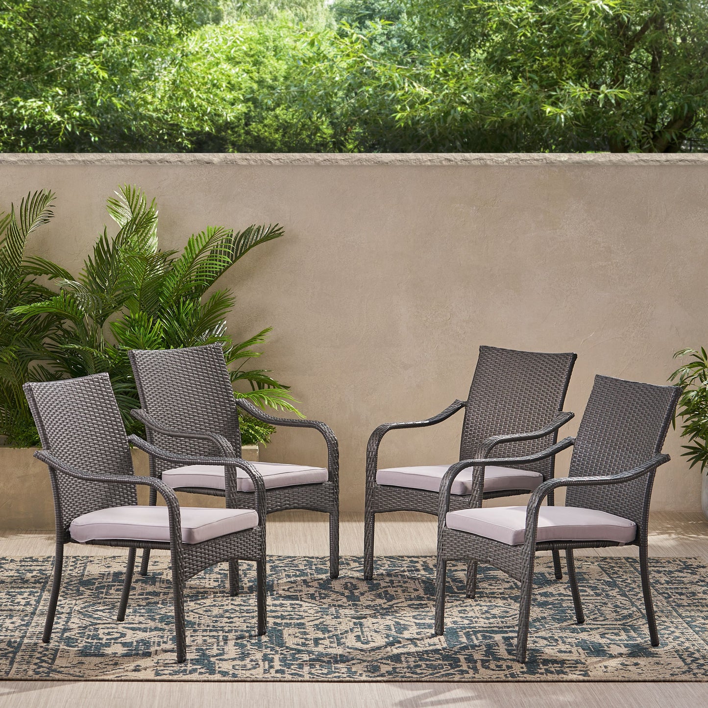 Perseer Outdoor PE Rattan Stacking Chair with Iron Frame and Cushions,Set of 4