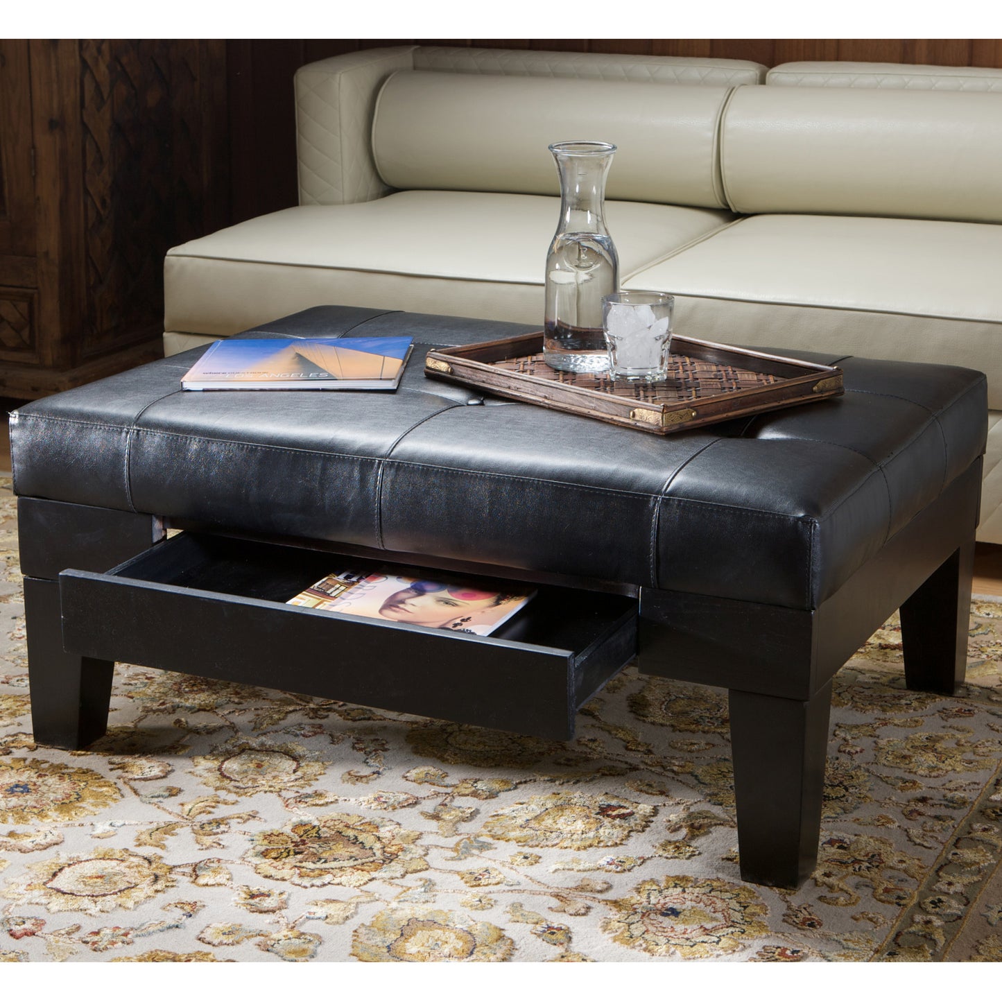 Tucson Contemporary Tufted Leather Storage Ottoman Table with Drawer