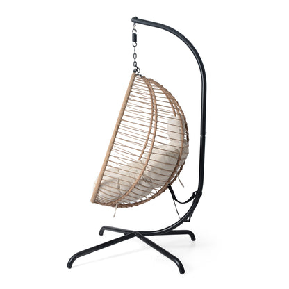 Luciane Outdoor Patio Hanging Basket Chair with Stand, Beige + Brown