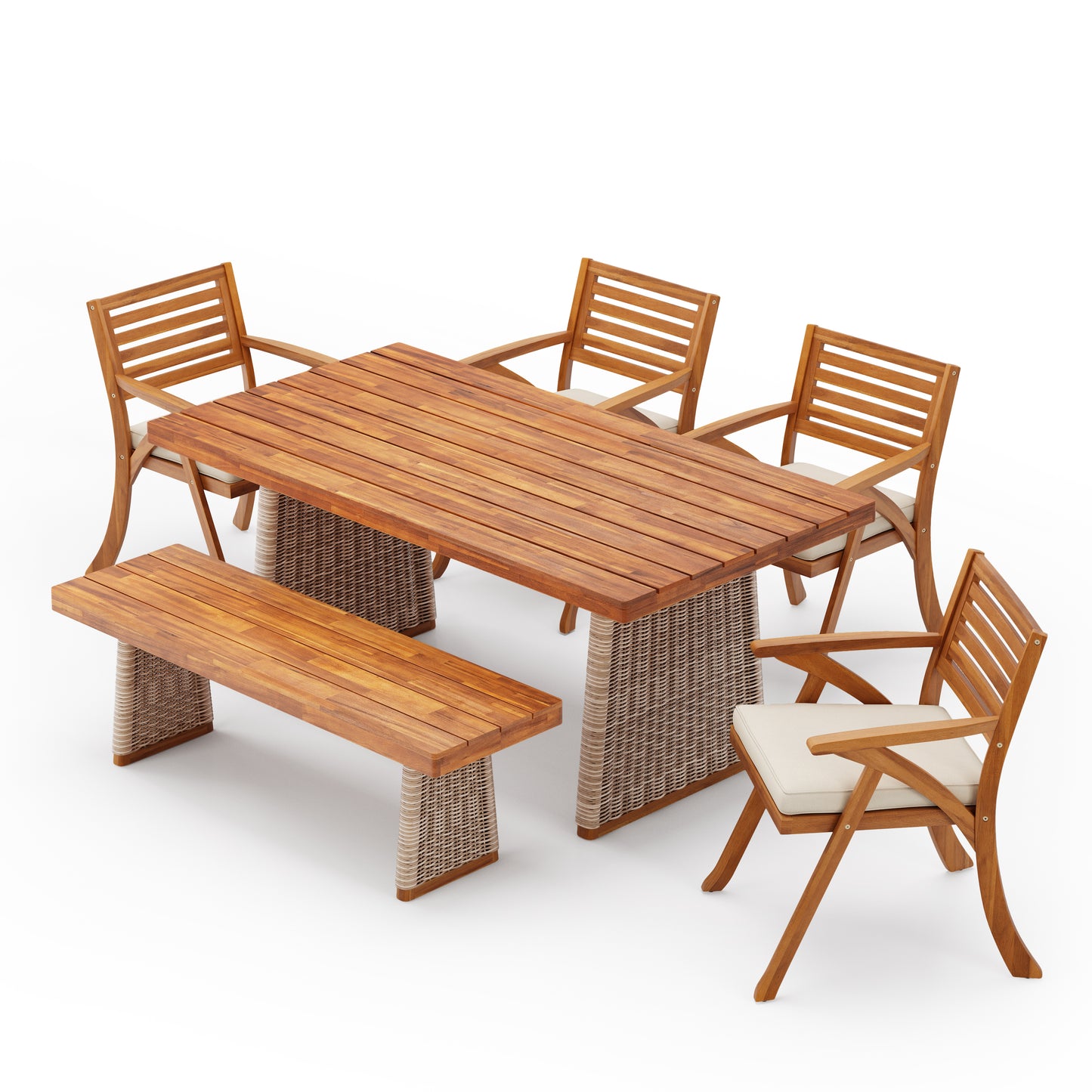Euley Outdoor 6 Pieces Chat Set,Include 4 Dining Chair With Cushion,1 Wood Bench,1 Dining Table