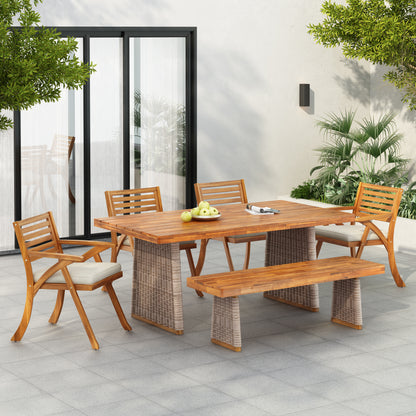 Euley Outdoor 6 Pieces Chat Set,Include 4 Dining Chair With Cushion,1 Wood Bench,1 Dining Table