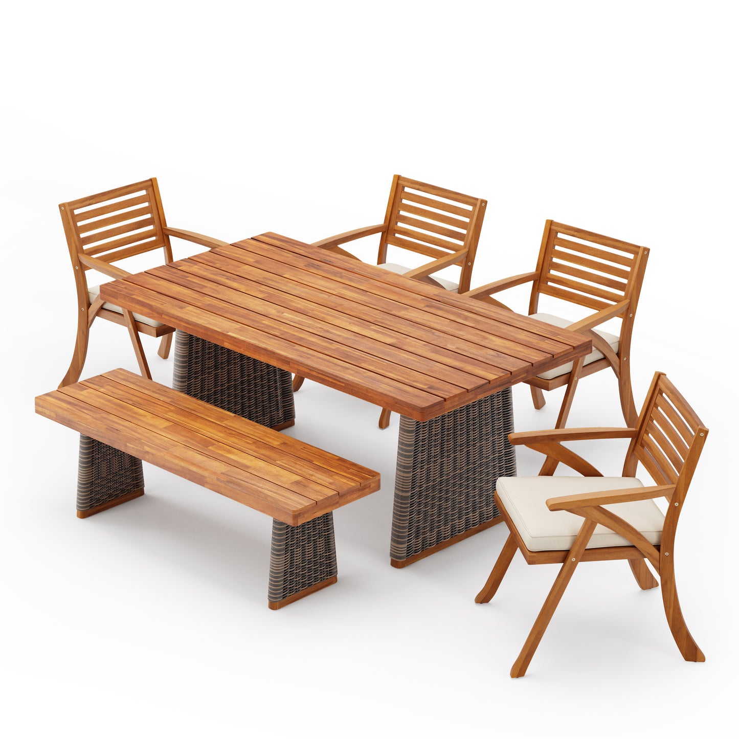 Euley Outdoor 6 Pieces Chat Set,Include 4 Dining Chair With Cushion,1 Wood Bench,1 Dining Table