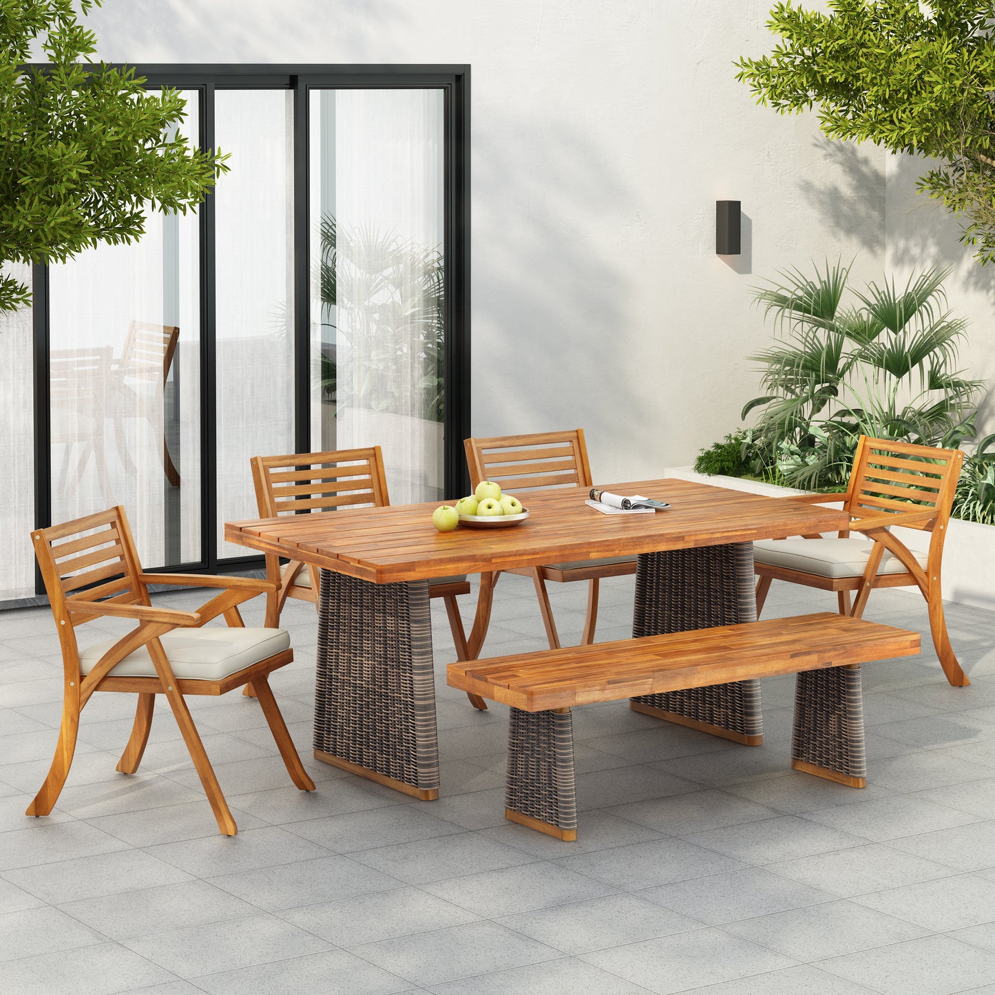 Euley Outdoor 6 Pieces Chat Set,Include 4 Dining Chair With Cushion,1 Wood Bench,1 Dining Table