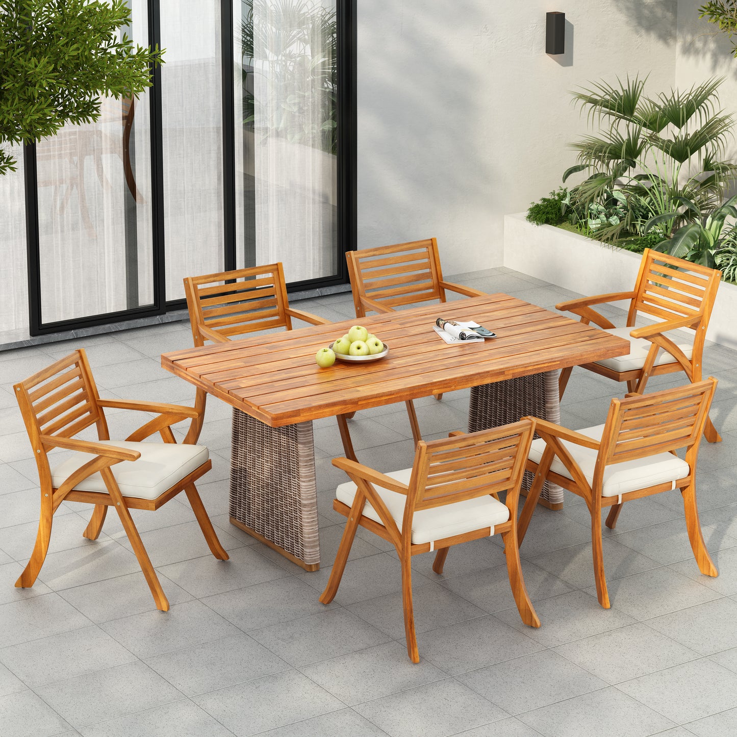 Eulaliy Outdoor 7 Pieces Chat Set,Include 6 Dining Chair With Cushion,1 Dining Table