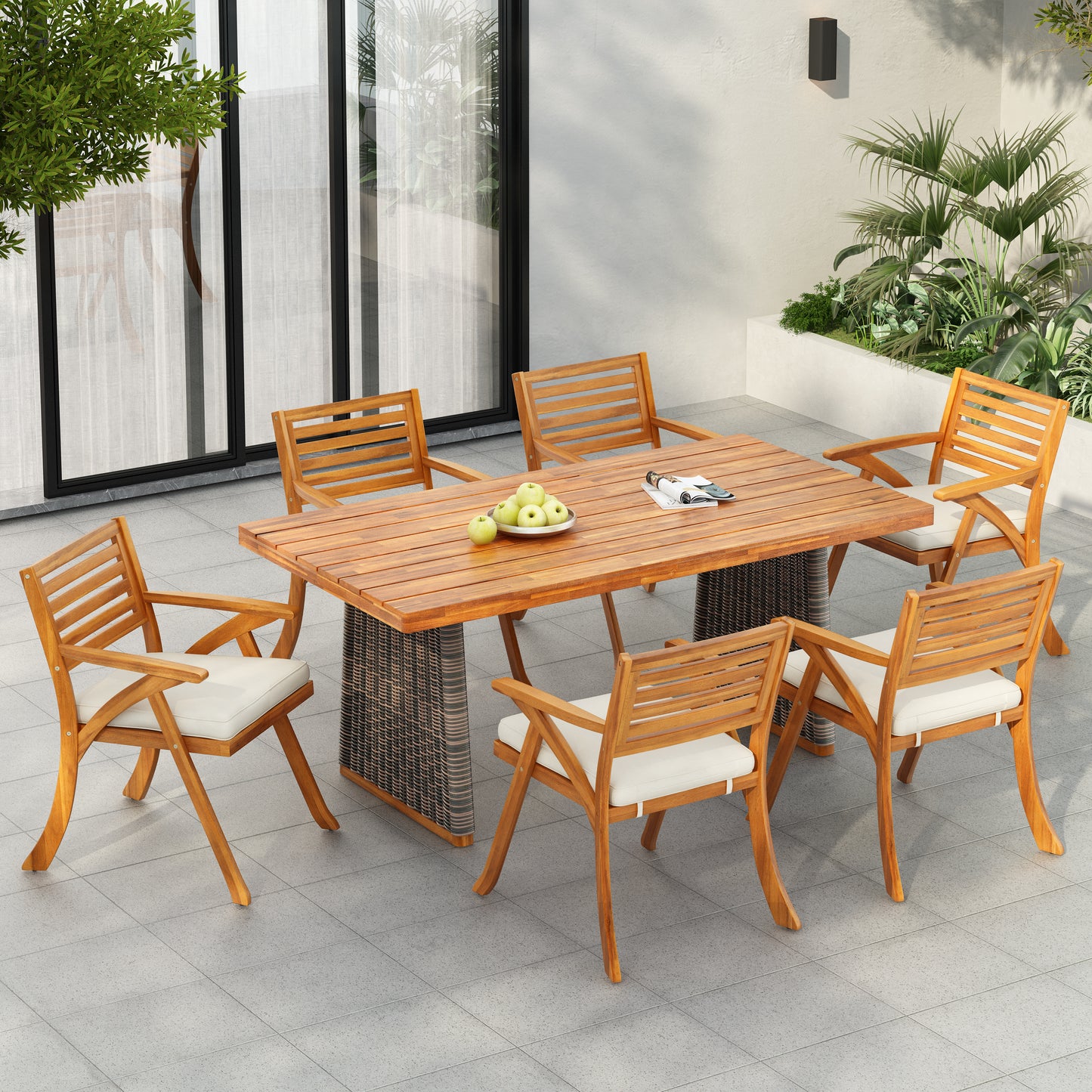 Eulaliy Outdoor 7 Pieces Chat Set,Include 6 Dining Chair With Cushion,1 Dining Table