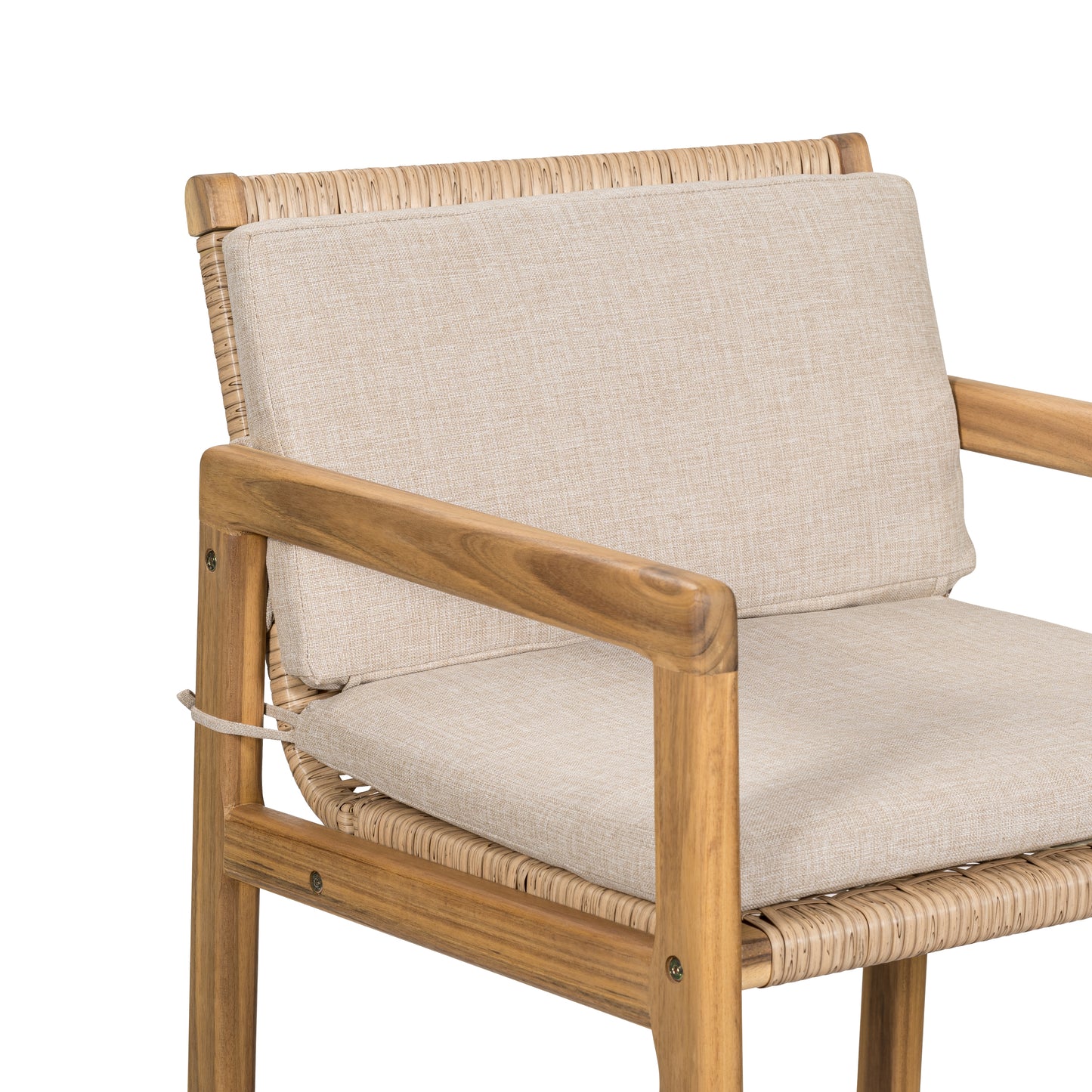 Yliraeth Wood Outdoor Barstool, Teak Finished Wood with Beige Cushion, Set of 2