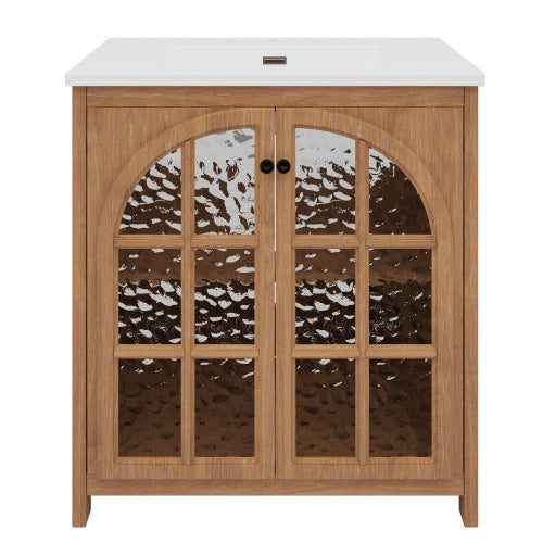 ‌Nexrail 31" Vintage Bathroom Vanity with Ceramic Sink, with Bronze Pulls and Tempered Glass