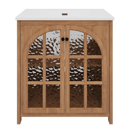 ‌Nexrail 31" Vintage Bathroom Vanity with Ceramic Sink, with Bronze Pulls and Tempered Glass