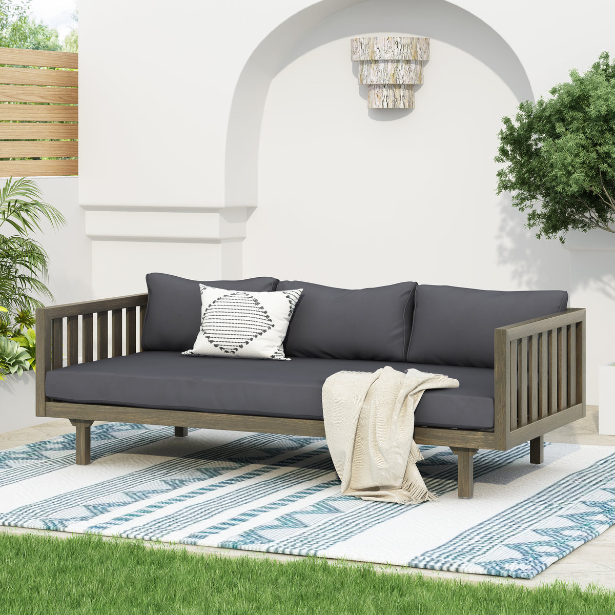 Pastiche Claremont Outdoor 3 Seater Acacia Wood Daybed with Fabric Water Resistant and Removable Cushions, Patio Garden Sofa with Slat Paneling Armrest and Back, Grey and Dark Grey