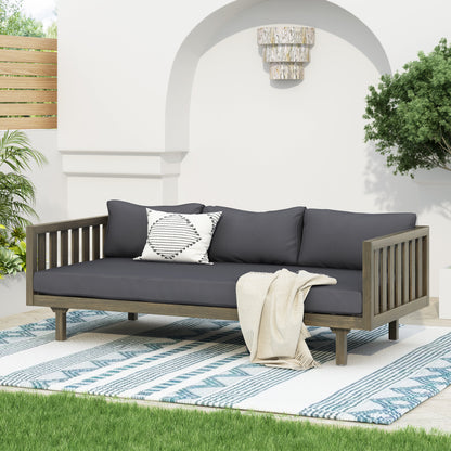 Pastiche Claremont Outdoor 3 Seater Acacia Wood Daybed with Fabric Water Resistant and Removable Cushions, Patio Garden Sofa with Slat Paneling Armrest and Back, Grey and Dark Grey