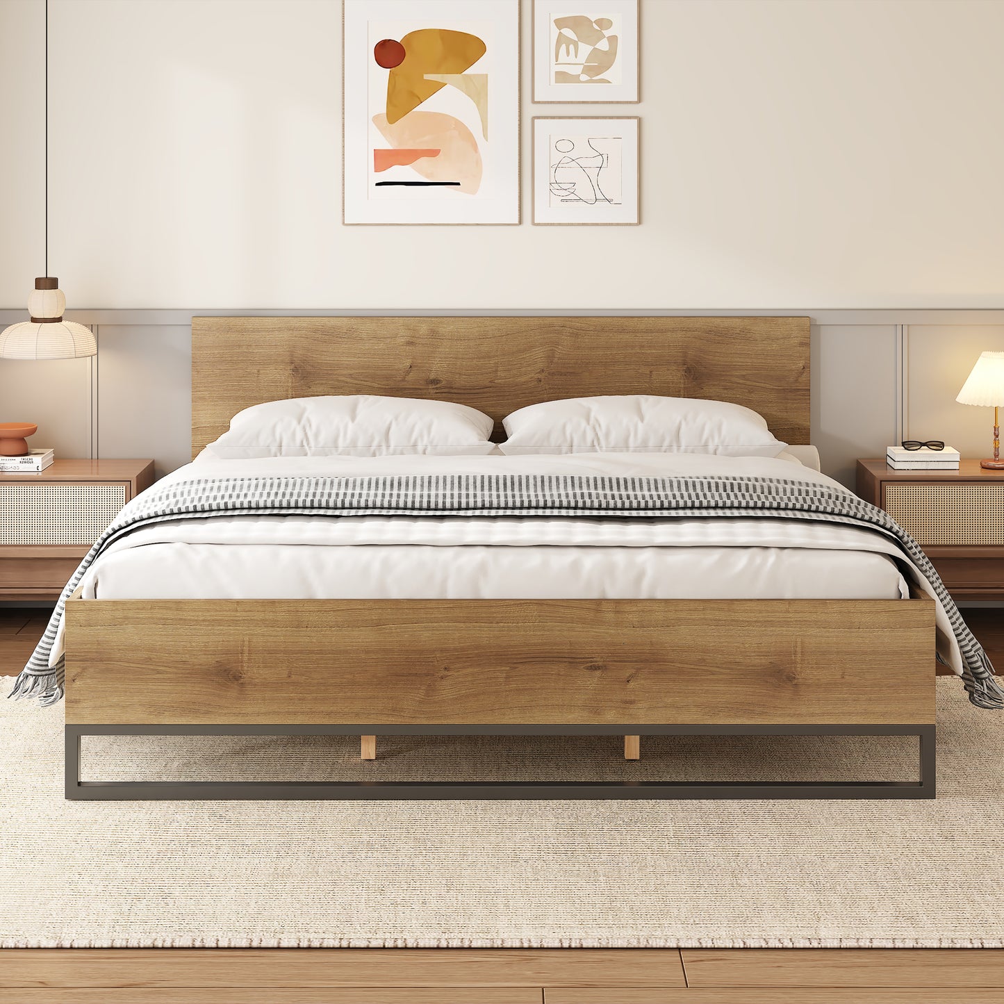 Ketura Two-Tone Aesthetic Engineered Wood Bed Frame in Natural Wood Grain and Matte Black Metal Leg