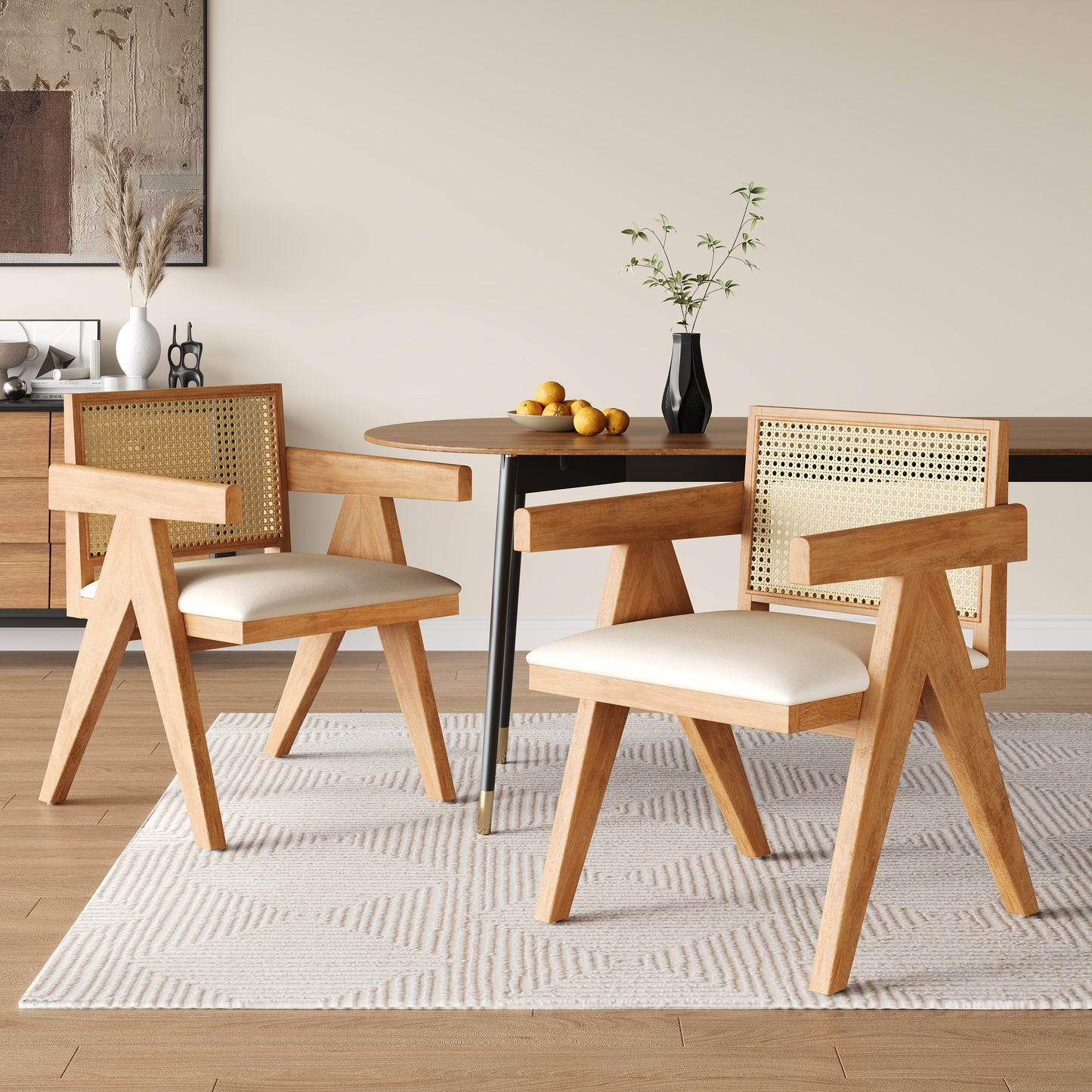 Chandigar Arm Dining Chairs, Cane Upholstered Kitchen Chairs With Cushion,Set of 2